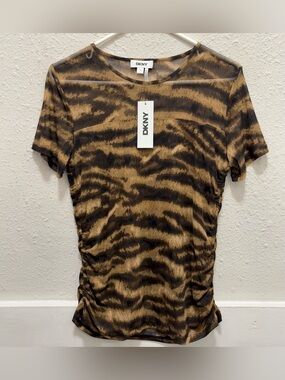 DKNY Mesh Brown and Black Animal Print Top NWT M